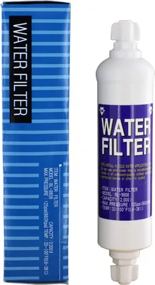 A water filter and its packaging are shown side-by-side against a white background.