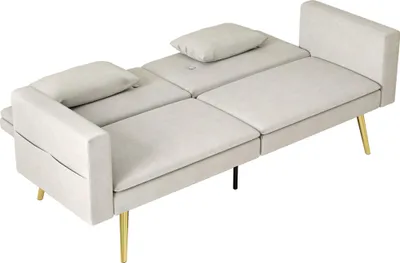 Image de Bettsofa pliable, canapé-lit 2 places avec fonction couchage, revêtement aspect velours en polyester, couleur beige | Capacité jusqu'à 250 kg | Réglage en 3 positions jusqu'à 180° | Dimensions : 181 x 73 x 78,5 cm