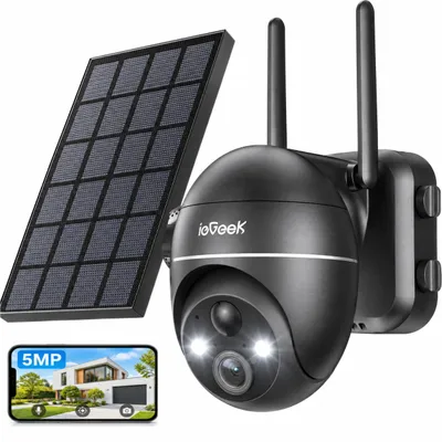 Zdjęcie produktu dla Kamera monitoringu zewnętrznego ieGeek 5MP, zasilana akumulatorem, obracana w poziomie o 355° i w pionie o 120°, z Wi-Fi, z funkcją nocnego widzenia w kolorze, zasilana energią słoneczną, z czujnikiem ruchu PIR