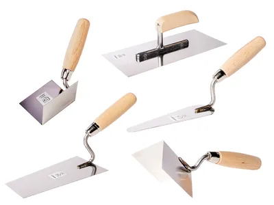 Produktbild von Mauerkellen-Set 5-teilig, rostfrei, Schwanenhals, Katzenzunge, Eckenkelle für Putz- und Spachtelarbeiten