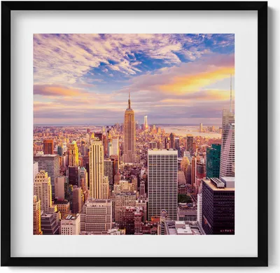 Produktbild von Sonnenuntergang in New York– Wandbild mit Rahmen – Gerahmtes Bild  – Wanddekoration – 50x50 cm –  Schwarz Rahmen