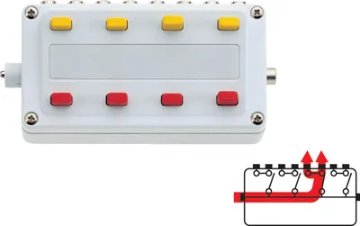A white electronic device with yellow and red buttons, shown with a schematic diagram.