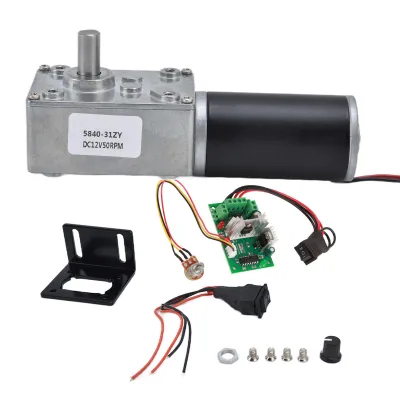 A collection of electronic components for a motor, including the motor itself, a control board, a switch, and mounting hardware.