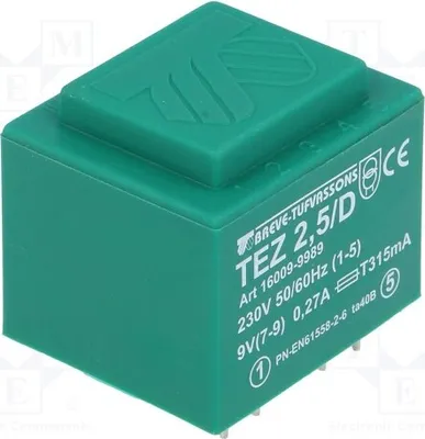 Image de 1 transformateur : courant nominal 277,7 mA, tension 9 V, puissance 2,5 VA, tension d'entrée 230 VAC. Montage : TEZ2.5/D230/9V -Tra