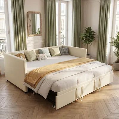 Image de Canapé-lit INONEFT, 90/180 x 200 cm, convertible en lit de jour, avec sommier à lattes, matelas non inclus, revêtement en velours, couleur beige, productTiles.product.images.aiGenerated