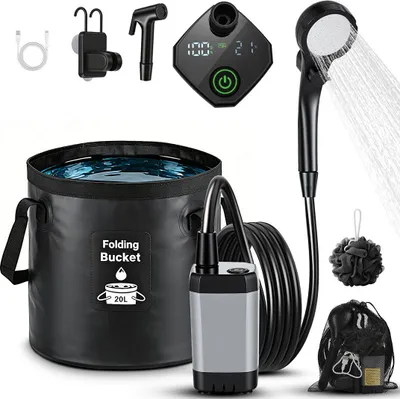 Produktbild von Faziango Tragbare Campingdusche, Gartendusche mit 20L Falt-Eimer, Temperaturanzeige, Duschkopf und 2 m Schlauch, Waschen des Autos, Strand, Camping, Haustier