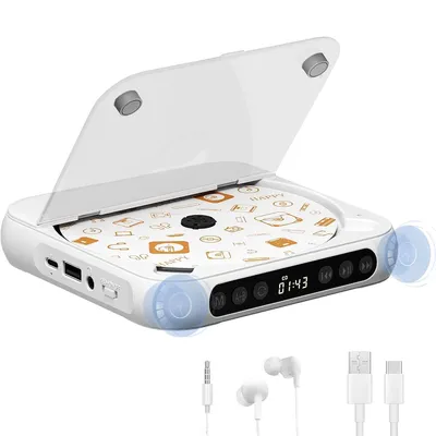 Produktbild von Tragbarer Bluetooth CD-Player, ultraflacher CD-Player mit USB-C Schnellladung, unterstützt MP3/WMA, kompakt für Zuhause und unterwegs, Weiß