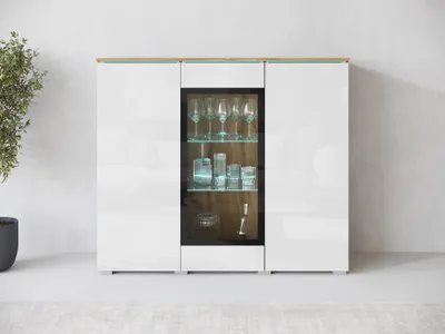 Produktbild von MINIO go for it, Kommode „VEVE“, 120 cm, Vitrine, mit Glasfront, Hochglanzfronten, mit LED-Beleuchtung, Wotan Eiche / Weiß Hochglanz Farbe