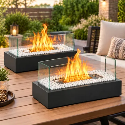 Image de ZMH Bioéthanol, foyer en verre, lot de 2, 35x18x15 cm, acier inoxydable, foyer de table, feu de cheminée en verre, décoration de cheminée, idéal pour le salon, les espaces extérieurs et les fêtes. Forme rectangulaire, couleur noire
