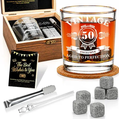 Immagine prodotto di Solidchoice - Set da whisky per il 50° compleanno, con scatola in legno e bicchieri