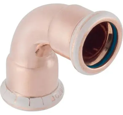 Produktbild von Geberit Pressbogen Mapress Kupfer FKM, 90°, Ø18mm, DN15, Kupfer, blaue Dichtung, 1 Stk.