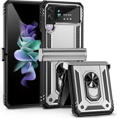 Produktbild von Galaxy Z Flip4 Hülle, Dual Layer Robust Militäre Scharnierschutz Schutzhülle mit Ringhalterung Ständer für Samsung Galaxy Z Flip 4 5G Silber