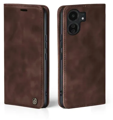 Two views of a brown leather flip phone case for a Xiaomi Redmi 13C.