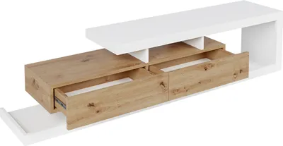 A modern TV lowboard with white and wood finishes, featuring open shelves and drawers.