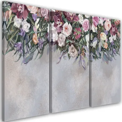 Obrázek produktu pro Triptych na plátně, přerostlé květiny, 150 x 100 cm, Feeby, stříbrný nástěnný obraz, připravený k zavěšení