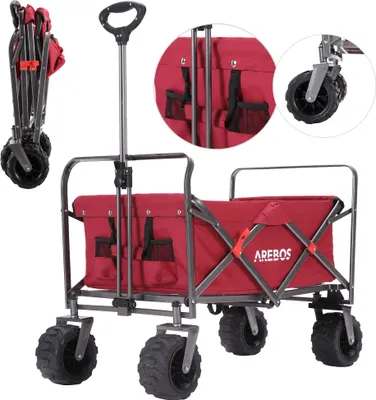 Produktbild von AREBOS Bollerwagen | Transportkarre | Gerätewagen | Handwagen |inkl. 2 Netztaschen | mit Vorderrad-Bremsen&Teleskopstange | klappbar |bis 100kg | Rot
