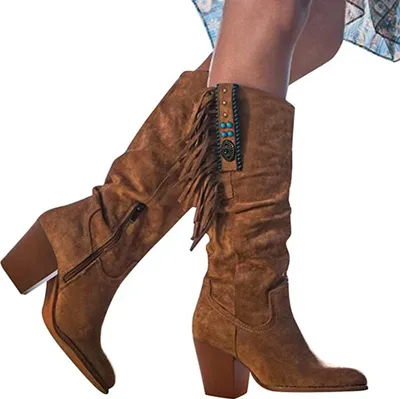 Image de ASKSA Femmes surbottes élégantes Bottes à gland genou longueur haute Bottines hautes, Marron, Taille : 42