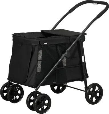 Produktbild von Klappbarer Hundewagen mit Kissen, 3 Seitentaschen, 102x62x105 cm, Schwarz