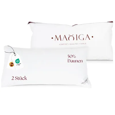 Produktbild von Maxiga Daunenkissen 40x80 cm (2 Stück) | 50 % Gänsedaunen und 50 % kleine Federn | Füllgewicht 1000g | Für Allergiker geeignet | -Zertifikat