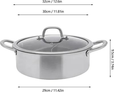Immagine prodotto di Pentola Shabu Shabu - Pentola divisa - 32 cm - acciaio inox 304 - 2 scomparti - coperchio in vetro - 2 mestoli per zuppa - induzione e gas - grigio chiaro