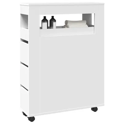 Image de Armoire de salle de bain Étroite Avec roulettes Matériau dérivé du bois : Blanc Couleur : Blanc