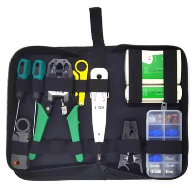 Immagine prodotto di Set di strumenti per reti RJ45, connettori, cavi, tester CAT5, CAT5e, CAT6, connettori 8P8C, crimpatrice Ethernet, pinza spellafili, pinza, cacciavite con punta RJ1