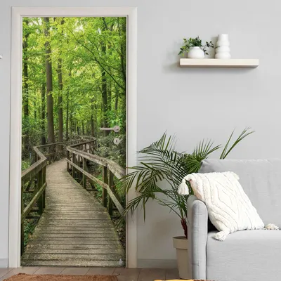 Produktbild von Türtapete selbstklebend | 200 x 90 cm Wald Holzweg, Natur | Tür Aufkleber Poster Türfolie | Einteilig | Wasserfest 3D Türaufkleber Klebefolie Wandtattoo