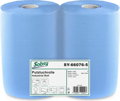 Produktbild von 2 x blaue saugstarke Papierrolle, 1000 Blatt, 37x36 cm | 2-lagige perforierte Papiertücher | Putztuchrolle für Industrie, Werkstatt und Restaurant | Durchmesser 25 cm