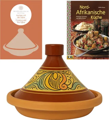 Immagine prodotto di Tajine, originario del Marocco, con ricettario della cucina nordafricana, pentola di terracotta per cucinare, Shasha Ø 31 cm, per 4-5 persone, realizzata a mano a Marrakech, priva di sostanze nocive.