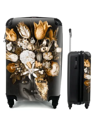 Produktbild von MuchoWow® Koffer Handgepäck Trolley Rollkoffer Kleine Reisekoffer mit 4 Rollen - Frau - Blumen - Gold - Cabin Size < 55x40x23 cm & 55x40x20 cm - Fotokoffer - Kabinenkoffer - Boardgepäck - Reise-Box - Reisekoffer - Reisegepäck - Koffer mit Bild - Trolley für Kinder