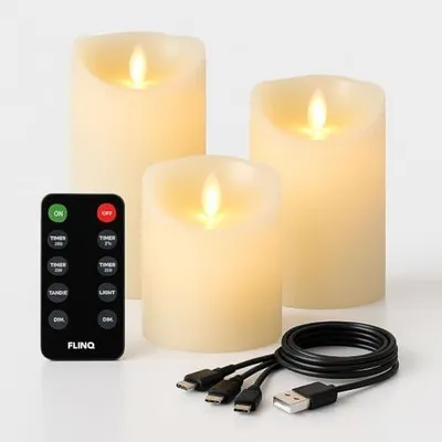 Produktbild von 3 Stück LED Stumpenkerzen aus Echtwachs, Aufladbar Wiederaufladbare Kerzen mit Flackernde Flamme, Timerfunktion und Fernbedienung