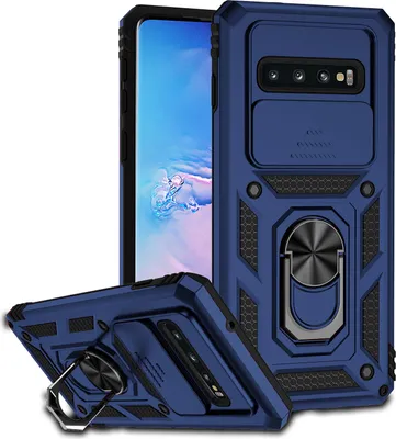 Image de Étui pour Samsung Galaxy S10 Plus étui double couche avec couvercle coulissant pour appareil photo et support d'anneau bleu
