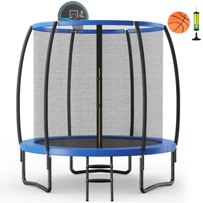 Zdjęcie produktu dla Trampolina zewnętrzna COSTWAY φ244 cm, trampolina ogrodowa z drabinką, kompletny zestaw trampoliny z koszykówką, matą do skakania, siatką zabezpieczającą i osłoną krawędzi