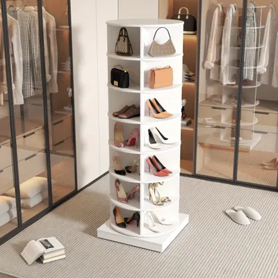 Zdjęcie produktu dla Szafka na buty z 7 półkami – biała – obrotowa o 360 stopni i oszczędzająca miejsce