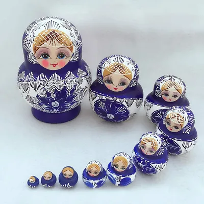 Productafbeelding van 10-laags Russische nestpoppen - Grote buik blauw en wit porselein nestpoppen - Handwerk satijn hout Russische poppen
