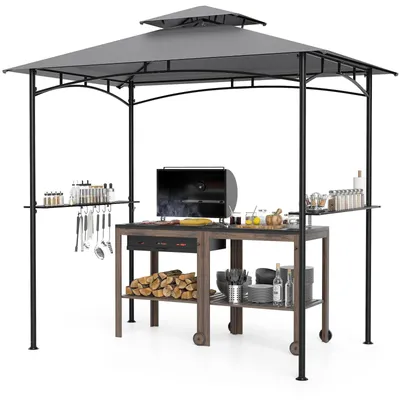 Produktbild von COSTWAY Grillpavillon 242x150cm, Gartenpavillon mit Doppeldach & 2 Seitenregalen & 6 Haken, BBQ Pavillon, Grillüberdachungen, Grillunterstand