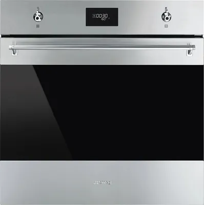 A front view of a stainless steel oven.