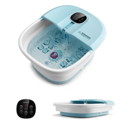 A blue and white foot spa with water and bubbles, shown from a slightly elevated angle.