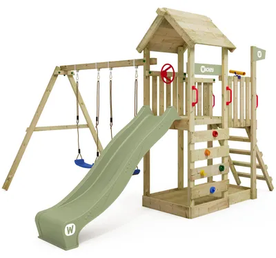 Produktbild von Spielturm Wickey MultiFlyer mit Holzdach mit Doppelschaukel, pastellgrün