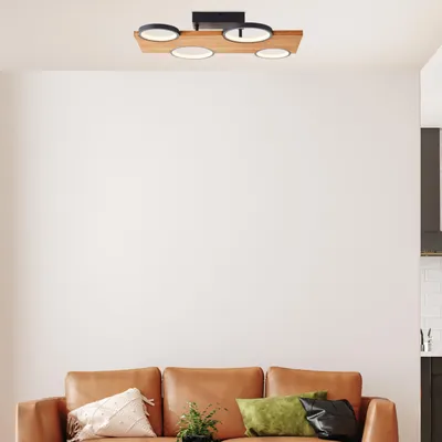 Produktbild von Moderne Deckenlampe mit Holz Balken & LED Kreise - 55 x 35 cm