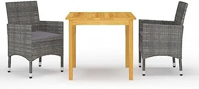Produktbild von 3-teiliges Garten-Essgruppen-Set in Grau mit Akazienholztisch und wetterfesten Rattan-Stühlen für Balkon, Terrasse und Garten