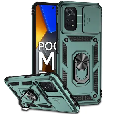 Obrázek produktu pro Pouzdro pro Xiaomi Poco M4 Pro 4G dvouvrstvé pouzdro s posuvným krytem kamery a prstencovým stojánkem zelené