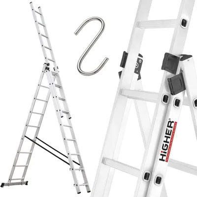 Zdjęcie produktu dla Drabina aluminiowa 3x9 WIELOFUNKCYJNA na schody HIGHER 7,10m 150kg +GRATIS