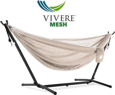 Produktbild von VIVERE Hängematte aus Polyester Mesh mit Gestell 280 cm – 180 kg Belastung - Sand/Himmel