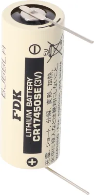A close-up studio shot of a single FDK lithium battery with two metal leads extending from the top and bottom.
