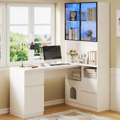 Immagine prodotto di Scrivania angolare 120x80x180, libreria e vetrina con illuminazione LED, 3 cassetti, 2 ante, passacavo (bianco)