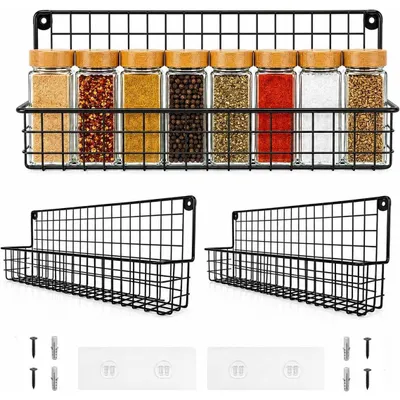 Zdjęcie produktu dla Półka na przyprawy stojak kuchenny - Zestaw 2 szt. - Czarny - Montaż bez wiercenia