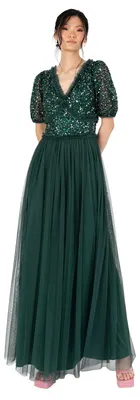 Immagine prodotto di Abito lungo da donna Maya Deluxe, con scollo a V, maniche corte e decorazioni in paillettes su tulle