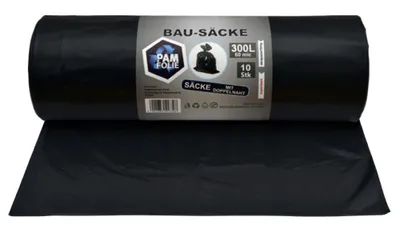 Produktbild von PAM-FOLIE Müllsäcke 300L - 10 Stück - Bausäcke Professional, Dicke Abfallsäcke - 120x140cm - 60µm - Extra Stark - schwarzer Müllbeutel