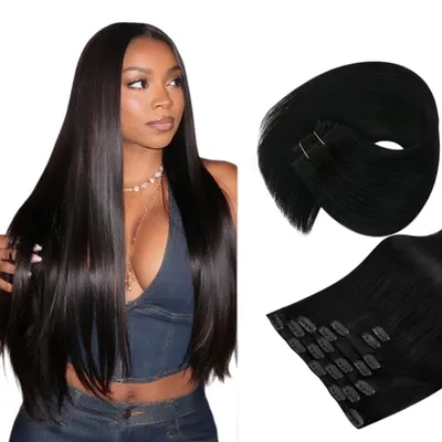 Produktbild von Clip-In Echthaar Extensions 120g Tiefschwarz 30 Zoll